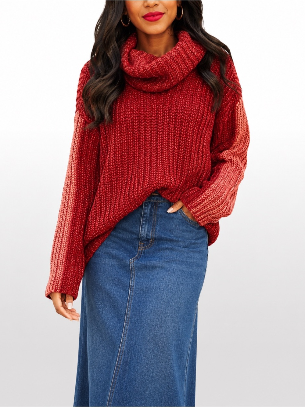 Gianni Bini Red Orange Marled Cowl Neck Sweater Medium Cozy Knit